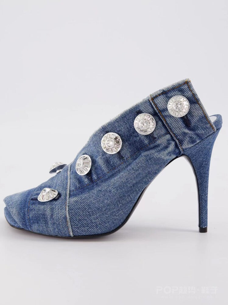 Sexy Boho Denim Button Mules