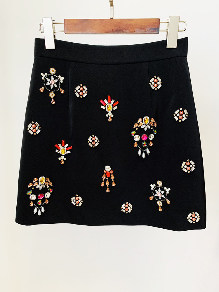 Sexy Black Multicolor Bejeweled 2 Piece Bolero & Mini Skirt Set