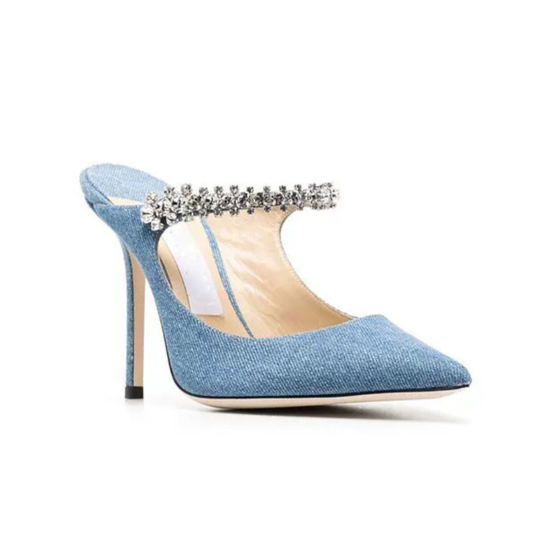 Sexy Blue Denim Rhinestone Bejeweled Mules