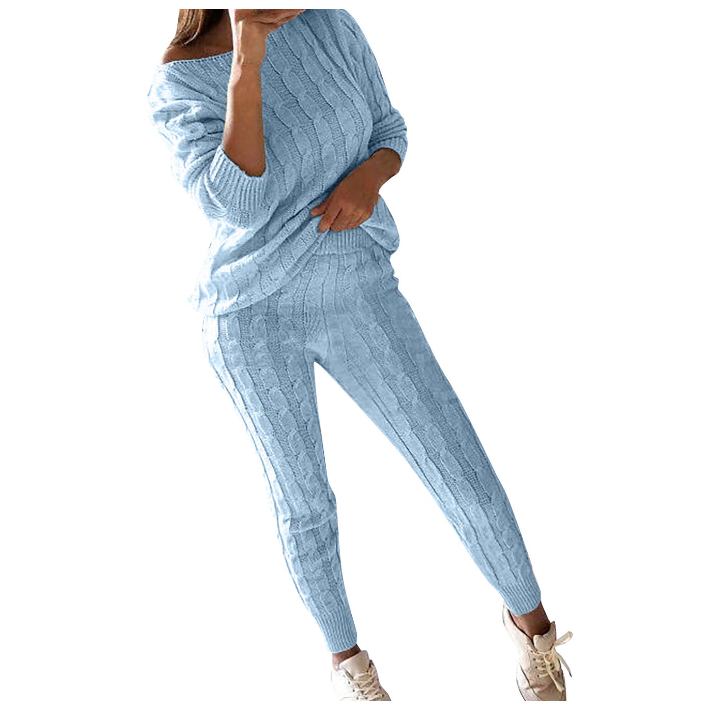 Cozy Turquoise Blue Cable Knit 2pc Sweater & Leggings Set