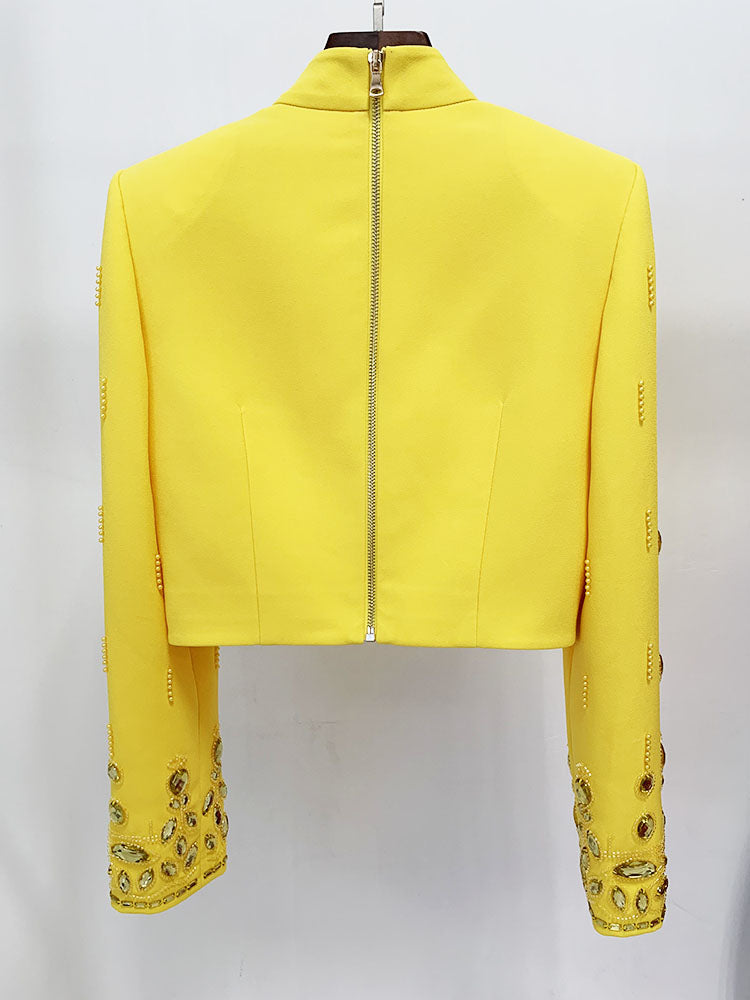 Sexy Yellow Bejeweled 2 Piece Bolero Jacket & Mini Skirt Set