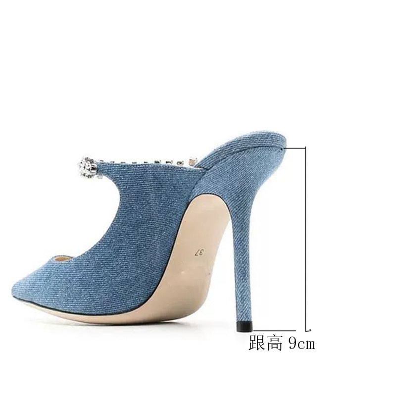 Sexy Blue Denim Rhinestone Bejeweled Mules