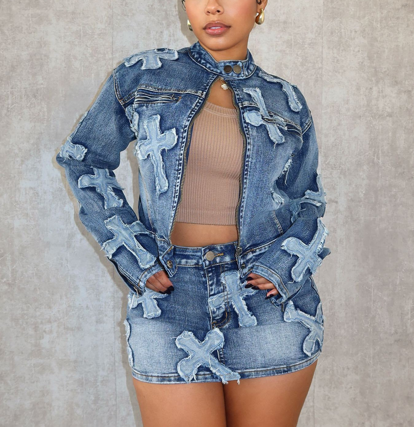 Sexy Denim Cross 2pc Jacket & Mini Skirt Set