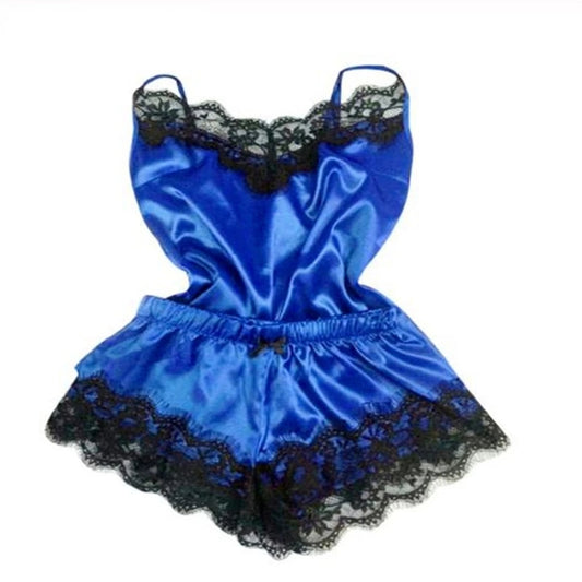 Sexy Blue & Black Champagne Satin 2pc Lingerie Set