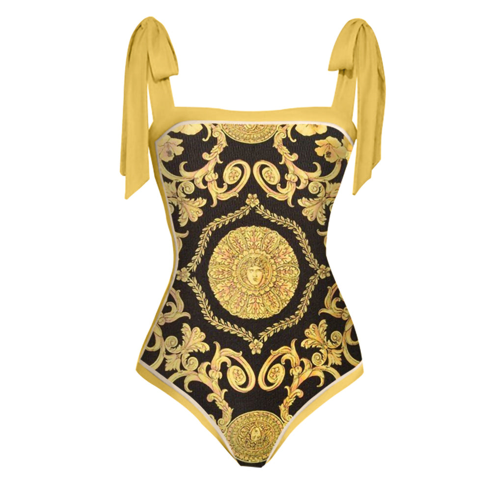 Sexy Black & Gold Italian Print 1pc Swimsuit & Sarong Set