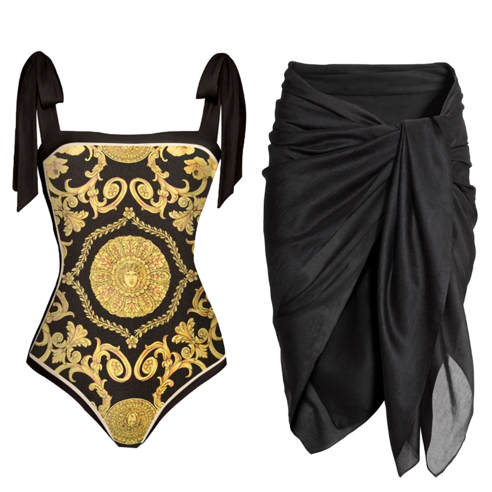 Sexy Black & Gold Italian Print 1pc Swimsuit & Sarong Set