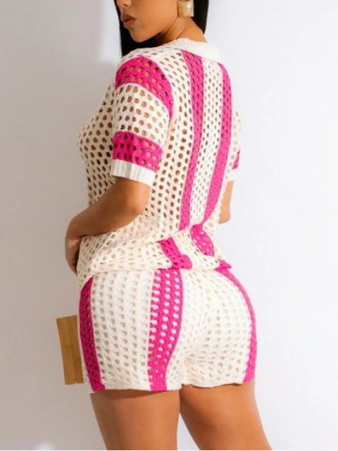 Sexy Barbie Pink & Ivory 2pc Knit Top & Shorts Set