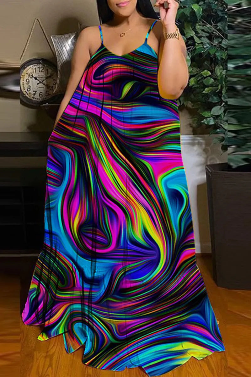 Purple Multicolor Wave Marble Print Sheath Maxi Dress