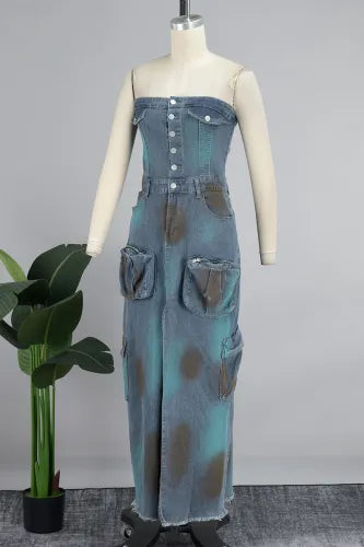 Sexy Strapless Blue Denim Cargo Maxi Dress