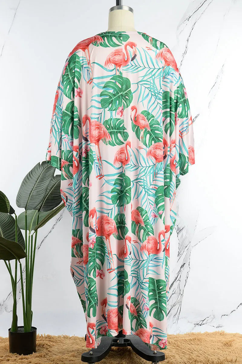 Sexy Mint Green Tropical Leaves Print Kimono & Shorts Set