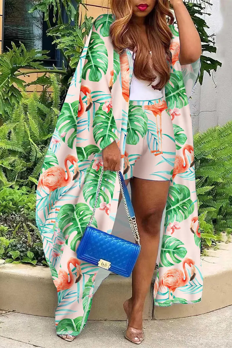 Sexy Mint Green Tropical Leaves Print Kimono & Shorts Set