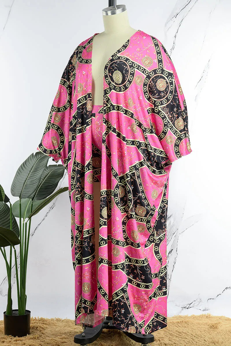 Sexy Pink Gold & Black Italian Print Kimono & Shorts Set