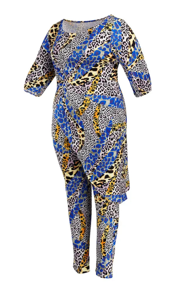 Beautiful Plus Blue Multicolor Animal Print 2pc Tunic Top & Pant Set