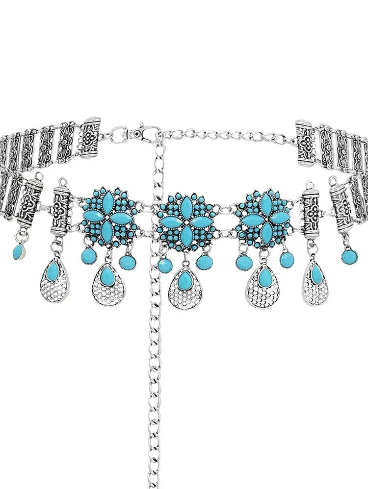 Bohemian Southwestern Silver & Turquoise Blue Color Chain Belt