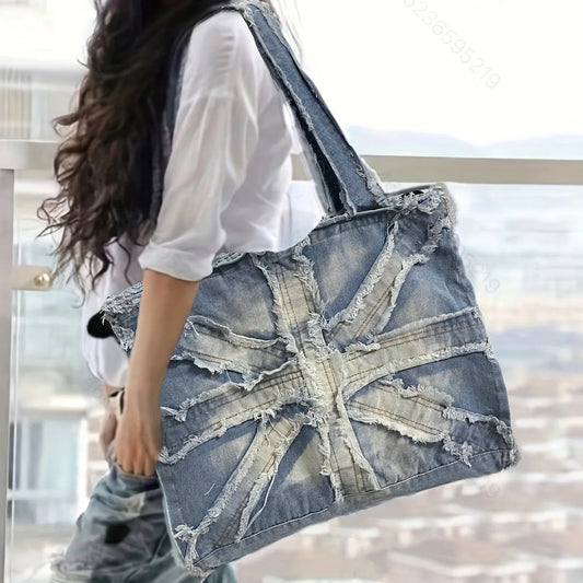 Distressed Light Wash Oversized Denim Handbag