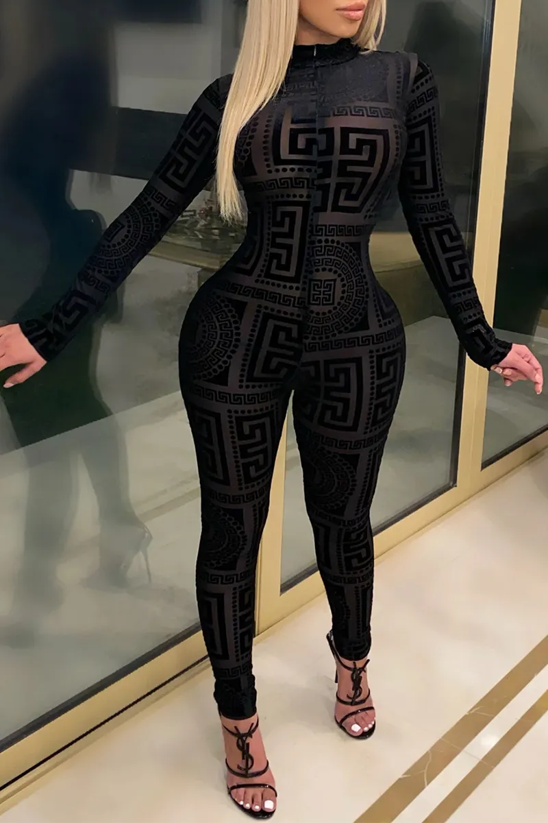 Sexy Black Italian Print Catsuit Jumpsuit