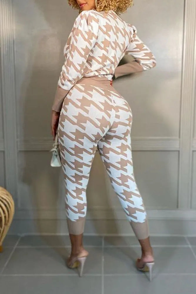 Latte Taupe 2pc Houndstooth Print Jogger Set