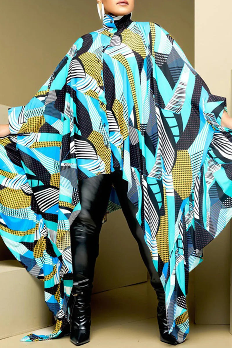 Beautiful Blue/Black Multi Oversized Asymmetrical Tunic Top