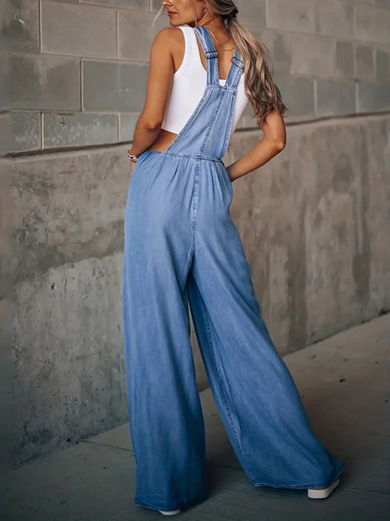 Boho Blue Denim Wide Leg Overalls Jumpsuit