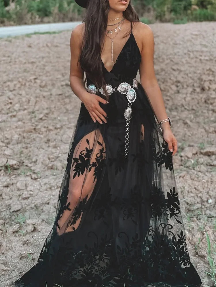 Sexy Black Bohemian Lace Maxi Dress