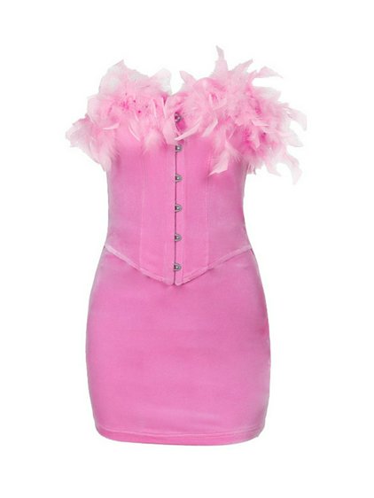 Sexy Pink Velvet Feather Corset Mini Dress