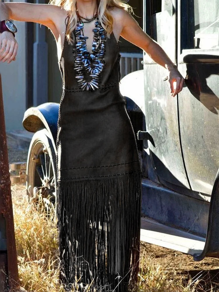 Boho Festival Brown Halter Fringe Dress