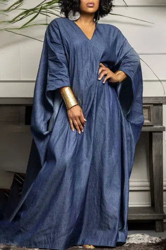 Elegant Lightweight Blue Denim Kaftan Maxi Dress