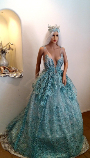 "AMALI" Turquoise & Silver Lace, Crystal & Tulle Wedding Ballgown Set