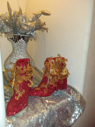 "COLETTE" Red Crystal Diamante & Gold Lace Ankle Booties