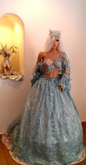 "ANYA" Turquoise & Silver Lace & Tulle Crop Top Wedding Ballgown Set