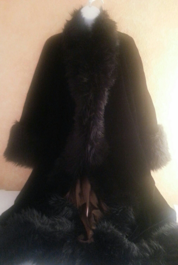 Custom Order Black Velvet & Brown Satin & Faux Fur Reversible Gatsby Inspired Cocoon Maxi Coat