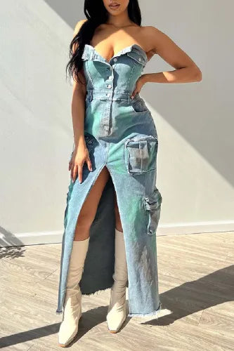 Sexy Strapless Blue Denim Cargo Maxi Dress