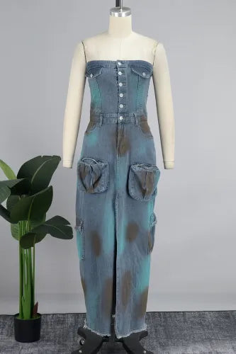 Sexy Strapless Blue Denim Cargo Maxi Dress