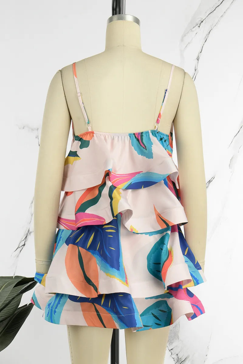 Sexy Pastel Pink Multicolor Abstract Watercolor Print Layered Mini Dress