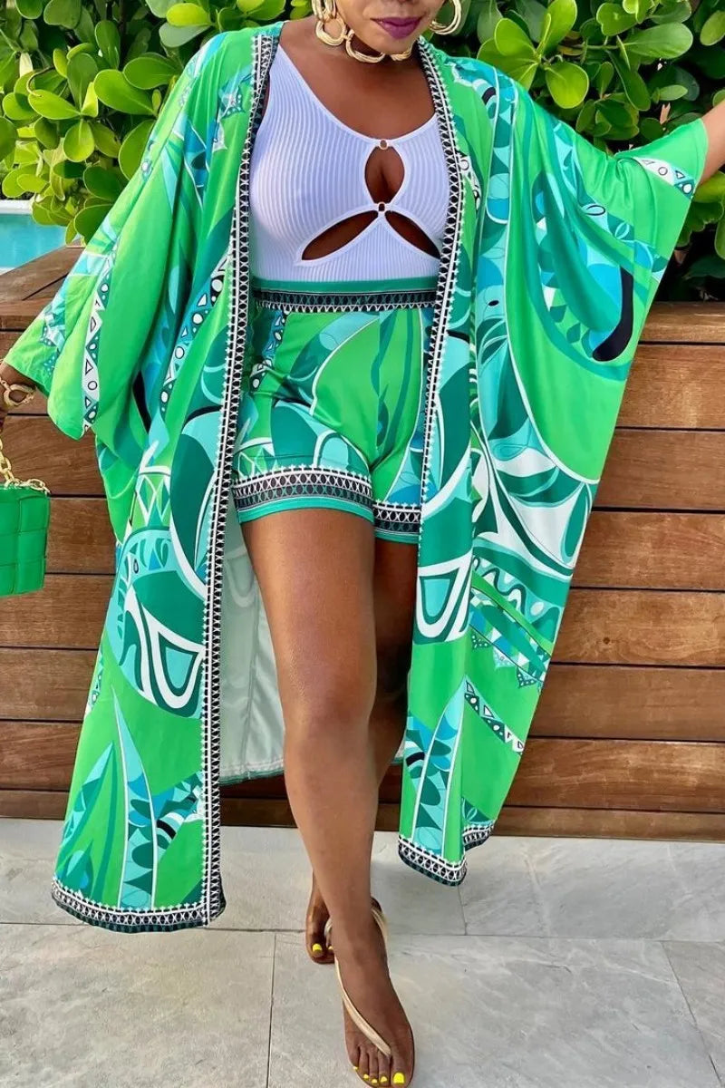 Exotic Blue Abstract Print 2 Piece Kimono & Shotrs Set