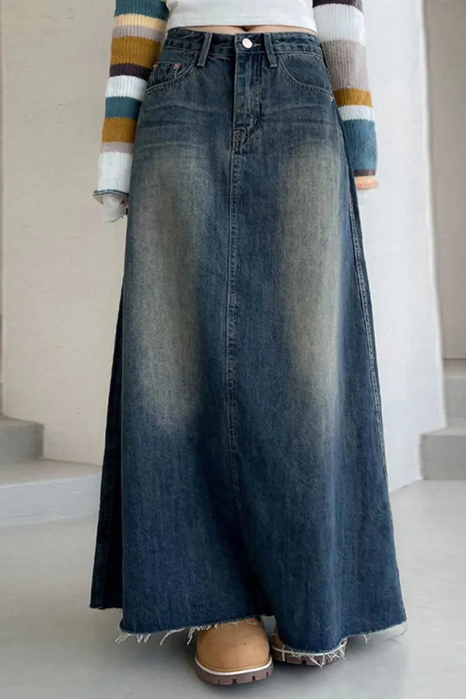 Boho Distressed Denim Maxi Skirt