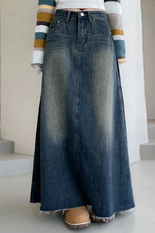 Boho Distressed Denim Maxi Skirt