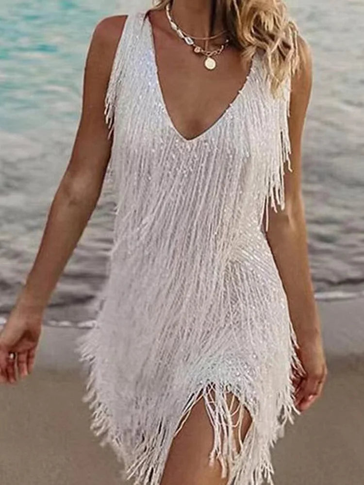 Sexy White Fringe Party Dress