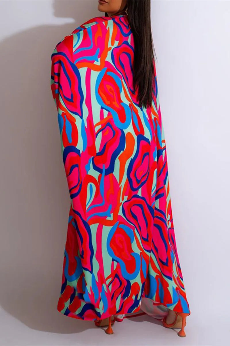 Sexy Red & Blue Abstract Print Kimono & Shorts Set