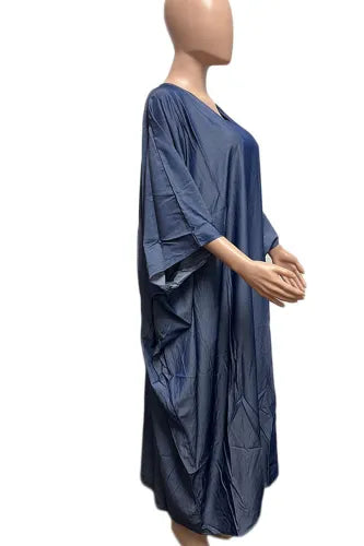 Elegant Lightweight Blue Denim Kaftan Maxi Dress