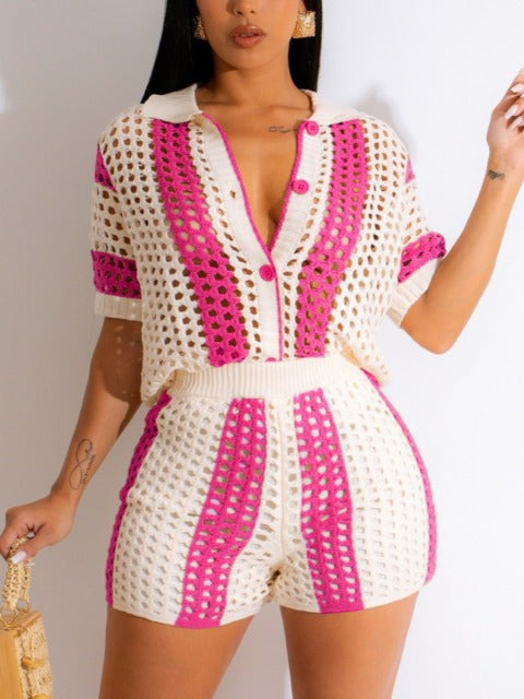 Sexy Barbie Pink & Ivory 2pc Knit Top & Shorts Set