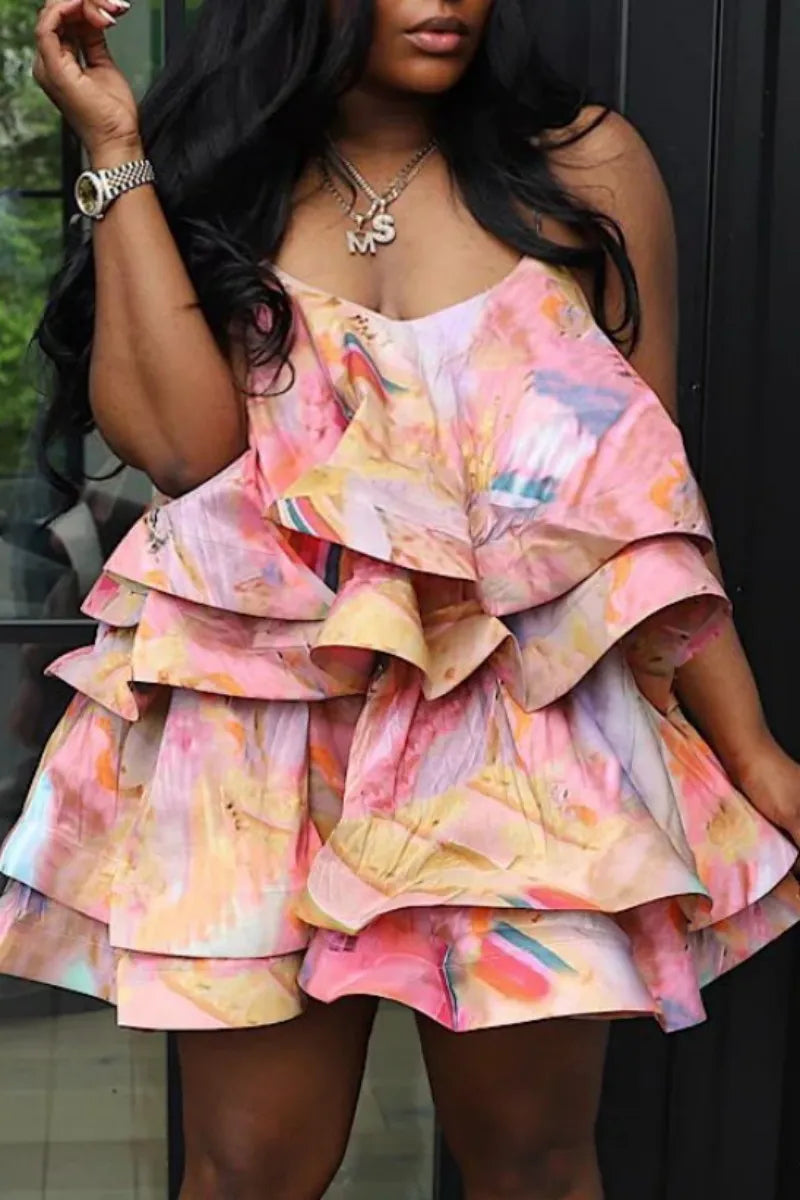 Sexy Pastel Pink Multicolor Abstract Watercolor Print Layered Mini Dress