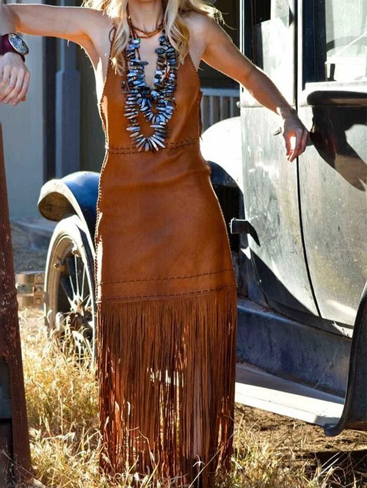 Boho Festival Brown Halter Fringe Dress