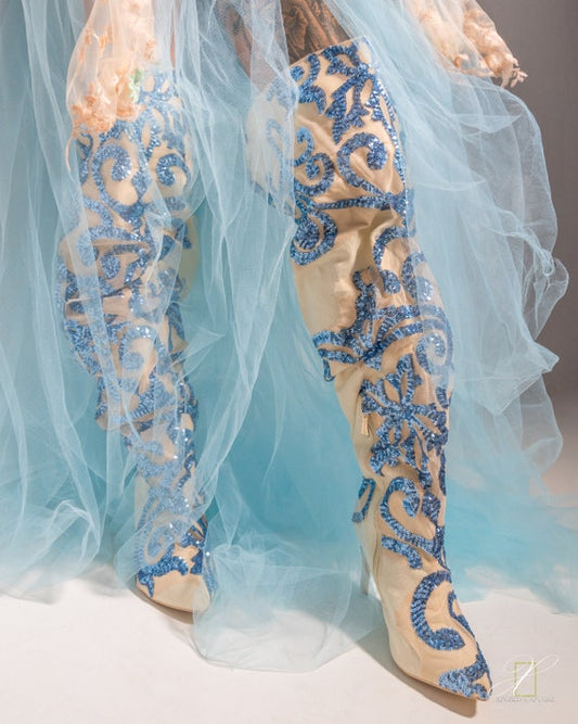 "ARIA" Blue & Ivory Damask Embroidered Sequin Custom Order Over The Knee Thigh Boots