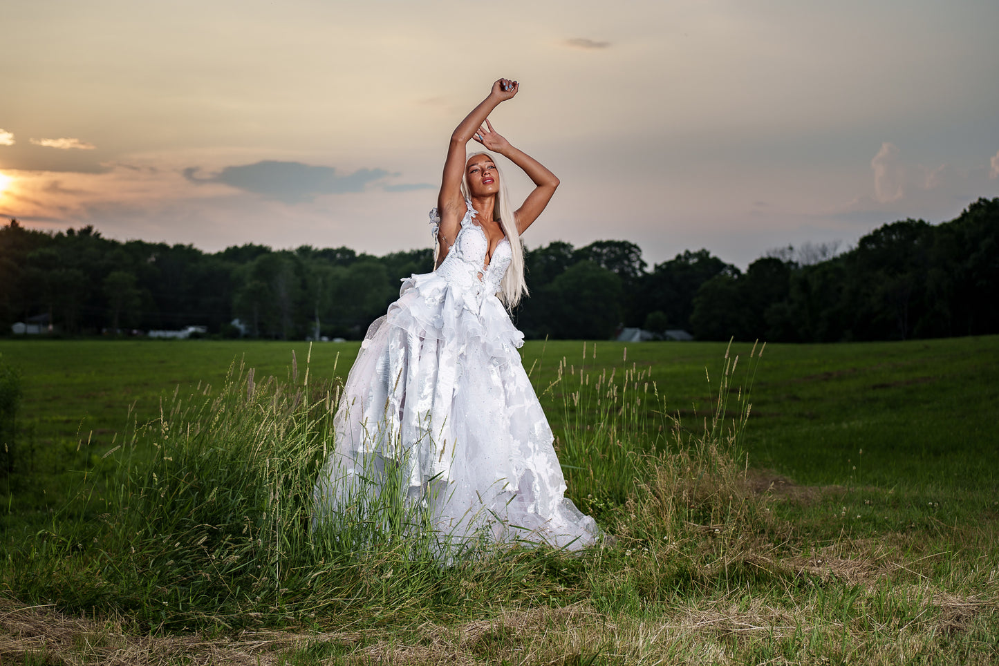 "DUCHESS MARILYN" White & Silver Embroidered Organza Crystal Wedding Ballgown Set