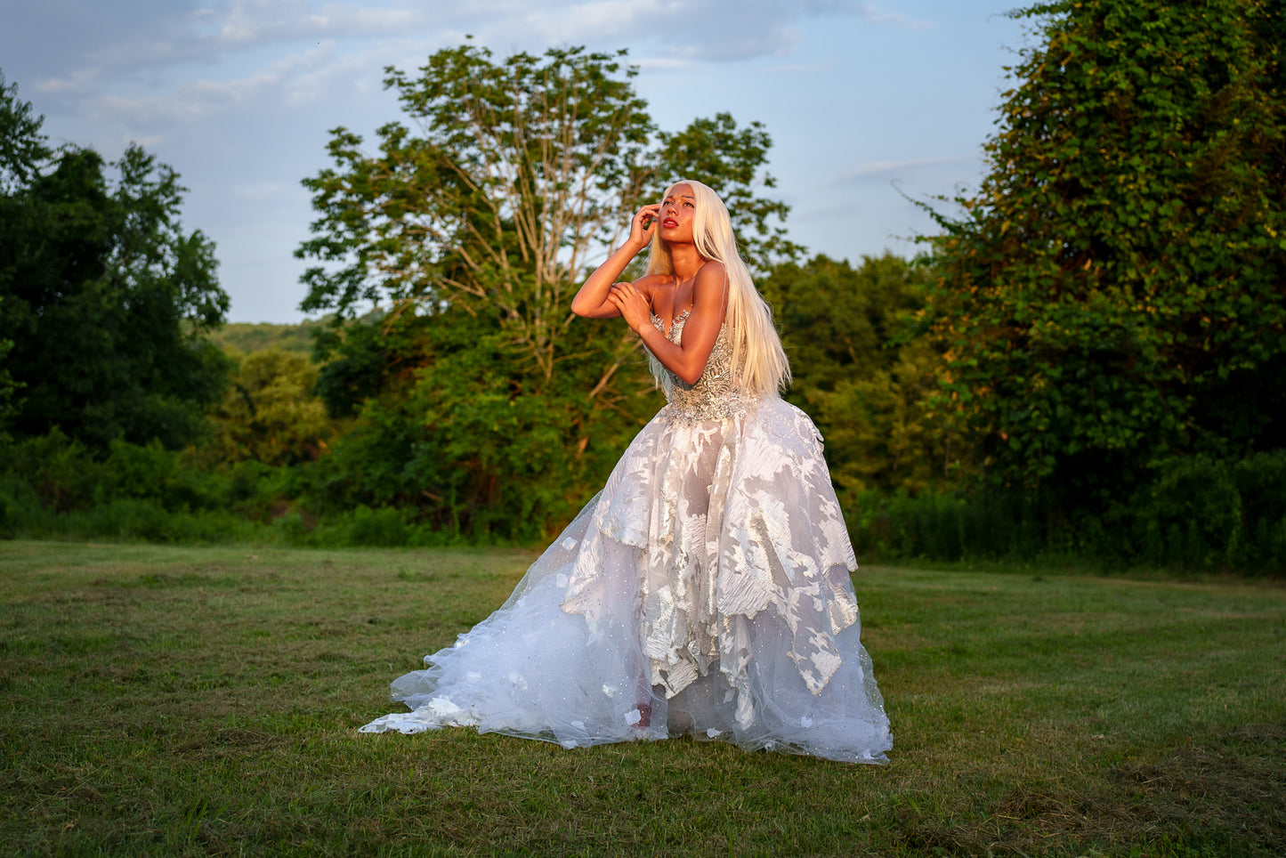 "PRINCESS MARILYN" White & Silver Embroidered Organza Crystal Wedding Ballgown Set