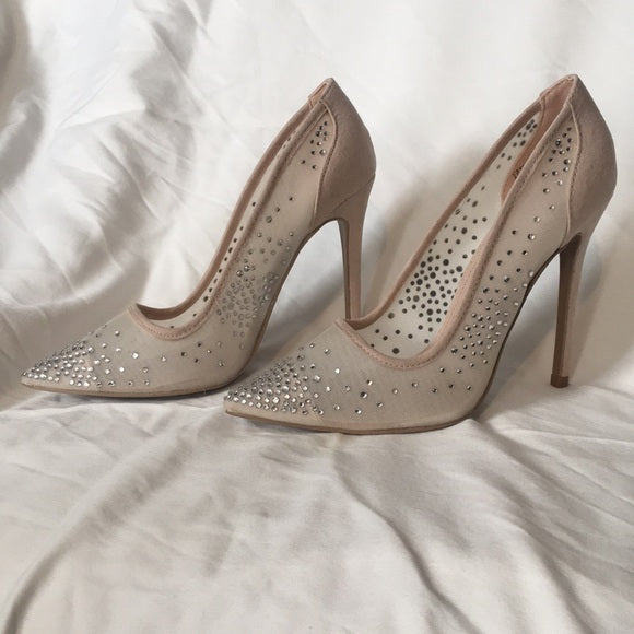 Sexy Nude Rhinestone Crystal Court Heels SIZE US8