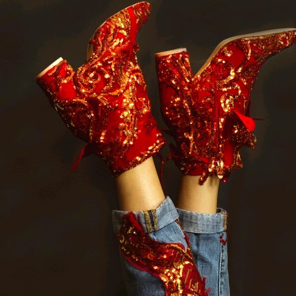 "CHARLOTTE" Red Damask Sequin Lace Ankle Booties