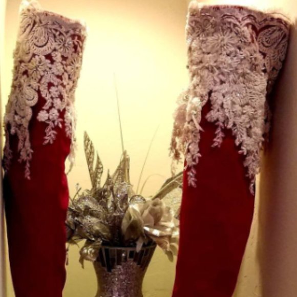 "FRANCES" Red & White Lace Over The Knee Bootsp