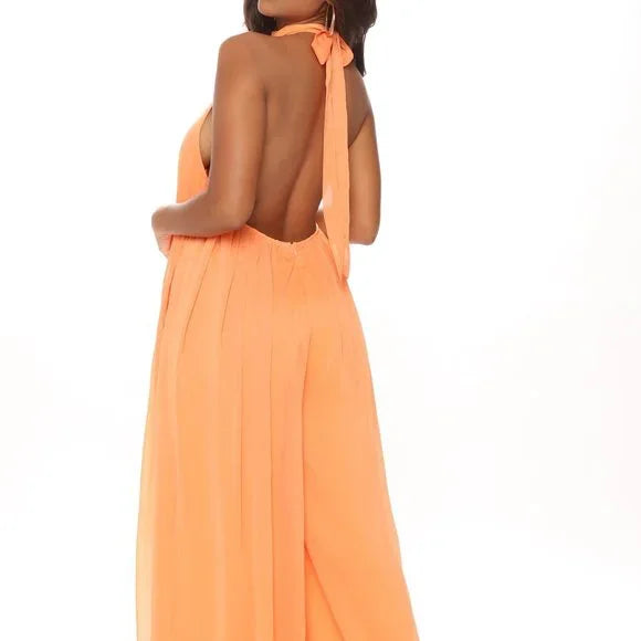 Sexy Orange Wide Leg Backless Jumpsuit